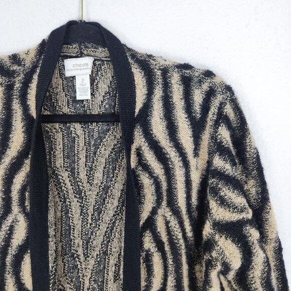 Chicos Sweater Womens 2 Tan Black 12 Zebra Print Mohair Wool Blend Long Cardigan - Picture 2 of 11